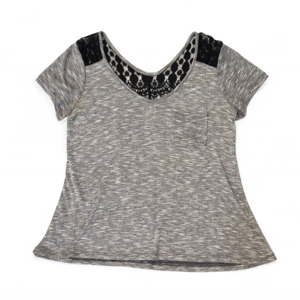 Women’s Large Gray Black Lace Accent Blouse Top